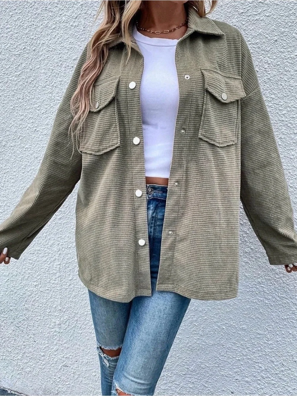 New Oversized Waffle Knit Shirt Jacket Women's XL Green Shacket Dolman Sleeves